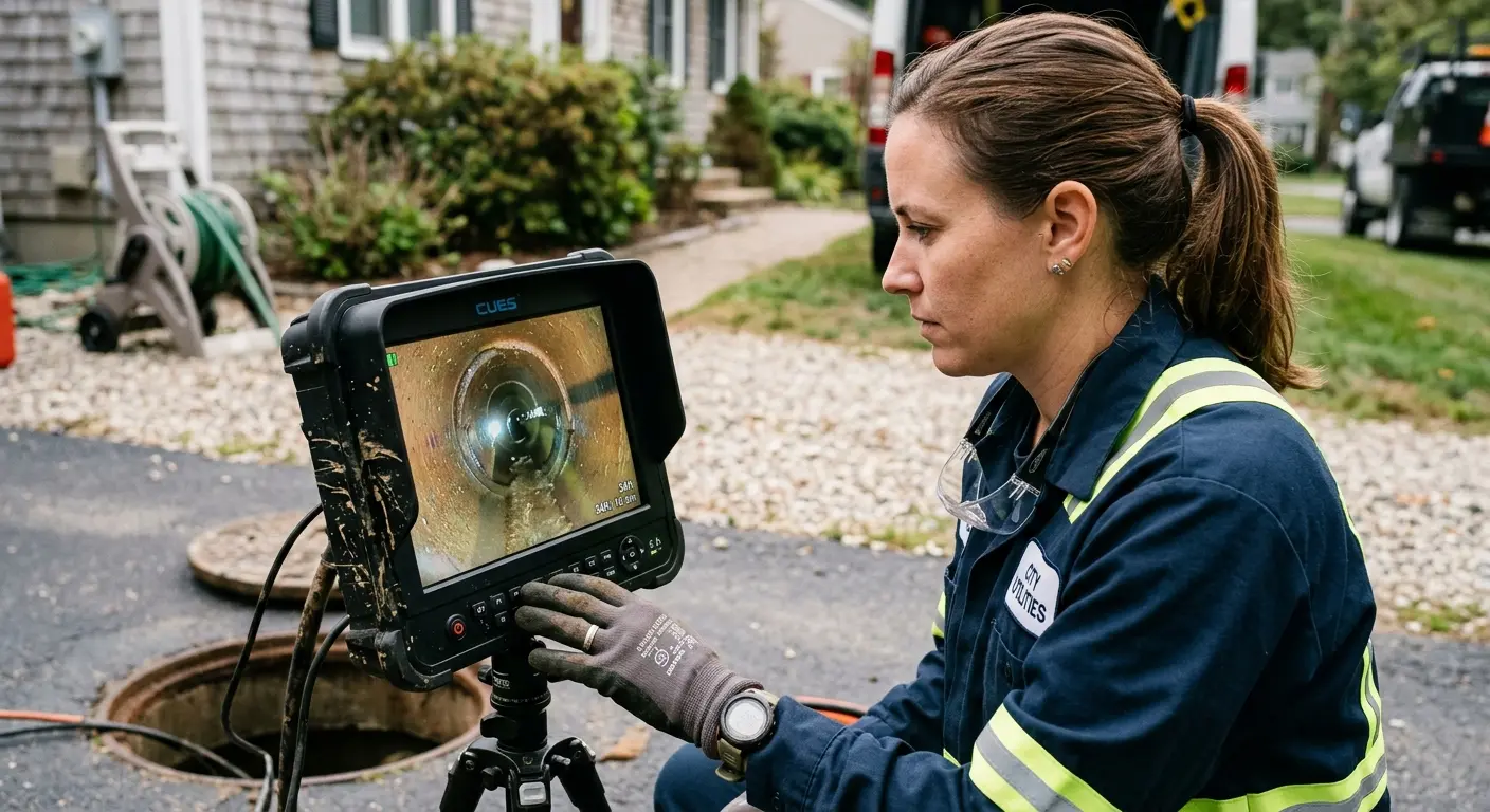 Technician reviewing sewer camera inspection footage in Onondaga