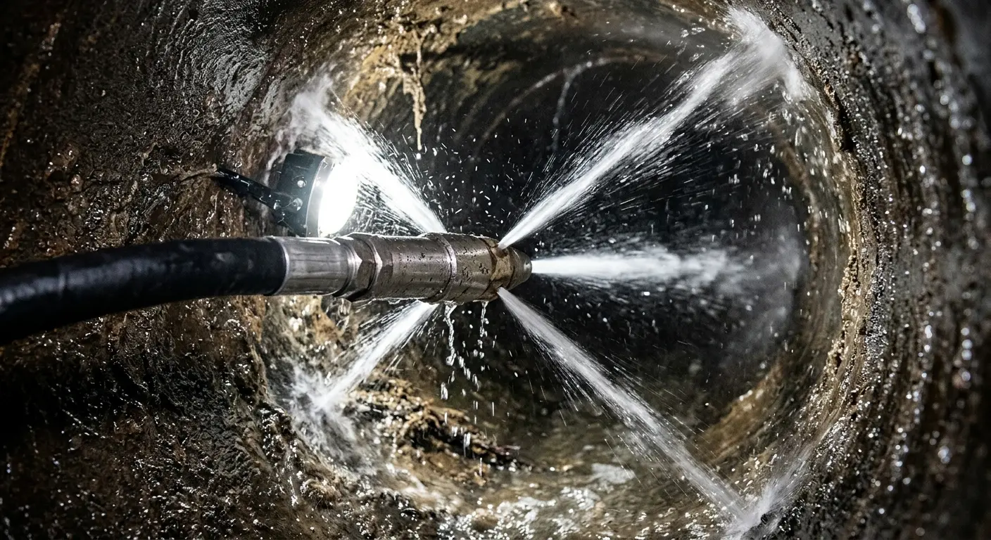 High-pressure hydro jetting nozzle cleaning sewer pipe for Sewer Cleanout in Onondaga