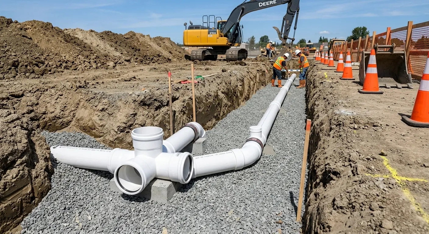 New PVC sewer pipe installation in open trench for Sewer Backup in Onondaga