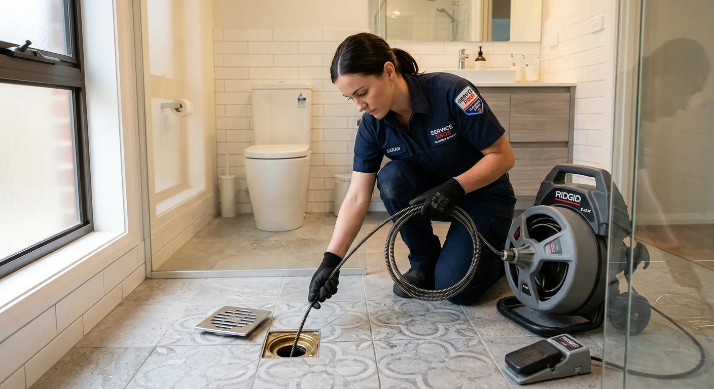 Technician clearing a bathroom floor drain for Hydro Jetting in Onondaga